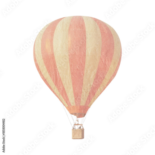 A serene hot air balloon floats gently above the landscape, viewed from a low angle.