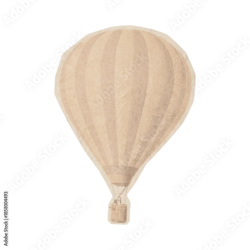 A serene hot air balloon floats gently in the sky, viewed from below with a soft, beige color tone against a white background