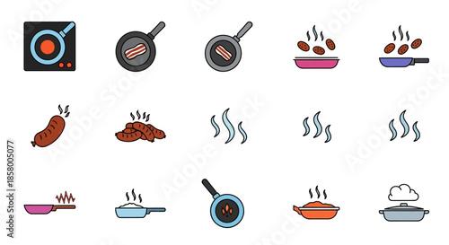 A collection of cooking and frying icons featuring pans with bacon, beans, and sausages, along with steaming food and heat effects.