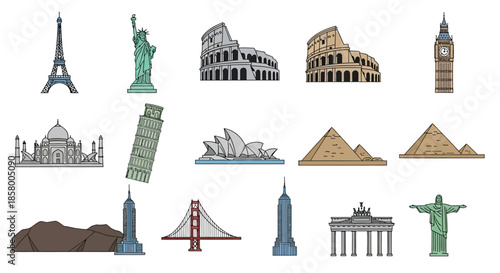 A diverse collection of iconic world landmarks and famous architectural structures from various countries, depicted in a stylized illustration.