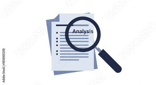 Vector illustration of a magnifying glass examining a document with the word 'Analysis' for detailed inspection.