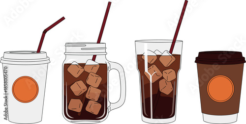 Set of four different iced coffee drinks vector illustration, showcasing cold brew, mason jar, and disposable cups for summer refreshment and takeaway beverages.