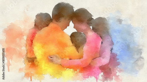 A Heartwarming Watercolor Painting Capturing the Unbreakable Bond of a Family Embrace in a Colorful Artistic Style
