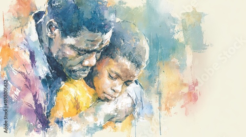 A Heartfelt Watercolor Portrait Capturing the Intense Bond of an African Father Hugging His Young Child