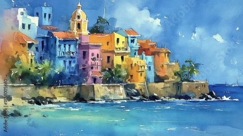 Charming Watercolor Painting Capturing the Coastal Beauty of a Vibrant Village by the Sea with Effervescent Colors and Details