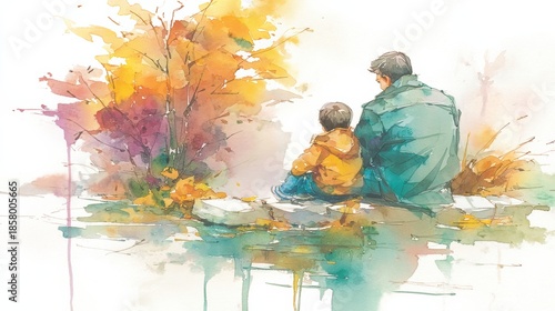 A Heartwarming Watercolor Scene of a Man and Woman Sitting on a Bench Surrounded by Vibrant Autumn Leaves