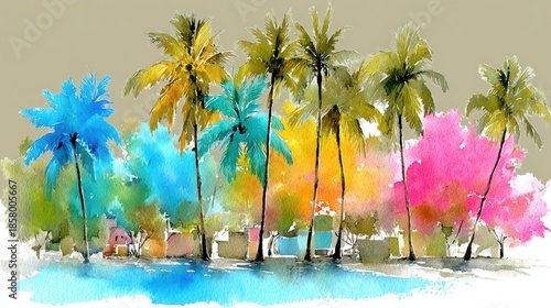 Enchanting Watercolor Painting of Palm Trees in Old San Juan Bathed in Sunlight Creating a Tropical Oasis