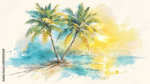 A Beautiful Watercolor Scene Featuring Palm Trees Illuminated by Sunlight on a Picturesque Beach in Old San Juan