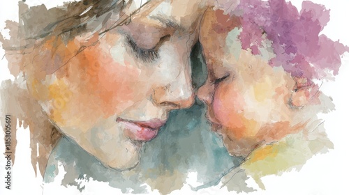A Serene Watercolor Portrait of a Nurturing Mother and Her Loving Child in Warm Pastel Hues
