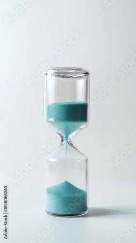 Blue Sand Glass Hourglass on Pure White Background, Clean Edges, No Shadows, Sharp Focus Details, Minimalist Aesthetic, Time Concept, Photorealistic Style