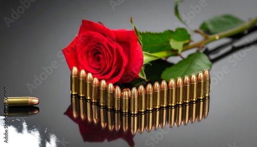 A vibrant red bloom rests above a heart formed by bullets on a reflective black surface