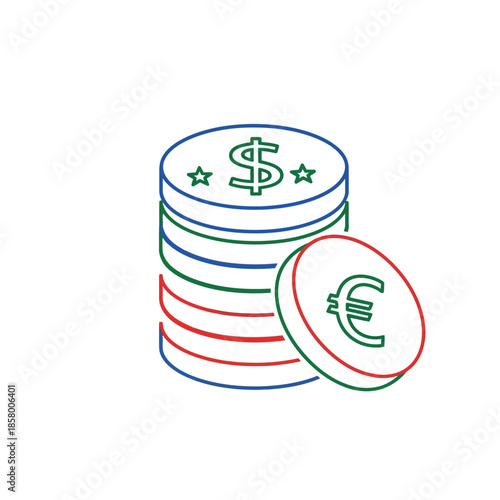 Colorful Cryptocurrency Coins Stack with Dollar and Euro Symbols for Financial Concept