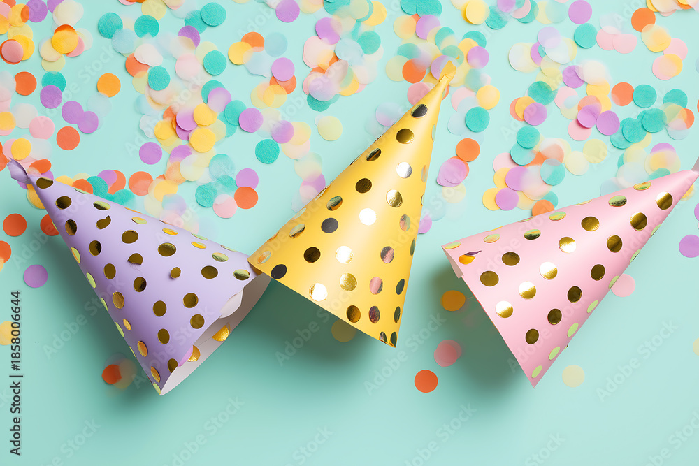 Obraz premium A colorful celebration scene with party hats and confetti on a light blue background