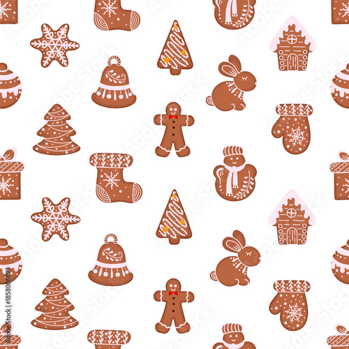 Gingerbread seamless pattern. Vector Illustration for printing, backgrounds, covers and packaging. Image can be used for greeting cards, posters, stickers and textile. Isolated on white background.