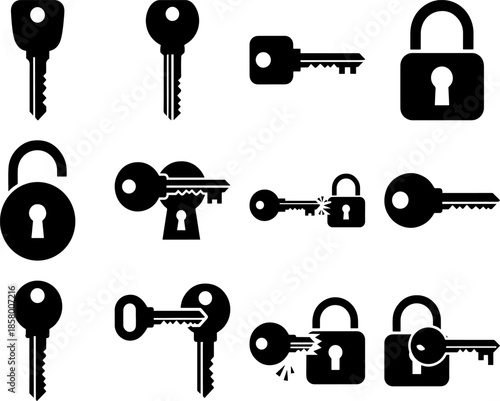 Collection of various key and lock icons in black and white