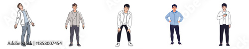 Relaxed Man Character Casual Standing And Leaning Poses Modern Flat Vector Illustration