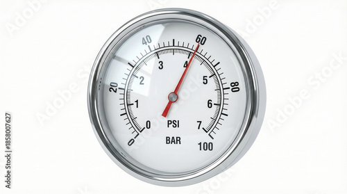 Pressure gauge with chrome bezel showing PSI and BAR measurements on white