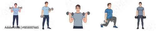 Fitness Workout Male Dumbbell Training Exercise Set Flat Vector Illustration
