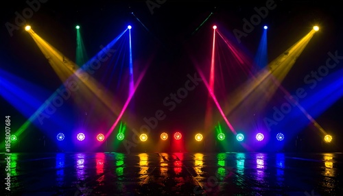 A vibrant stage is illuminated with a spectrum of colored spotlights, reflecting off a wet, glossy surface. Dark background