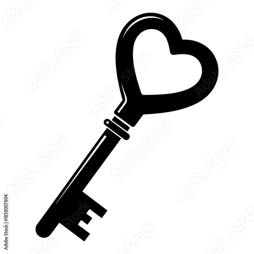 Vintage heart shaped key silhouette isolated on a clean white background for love