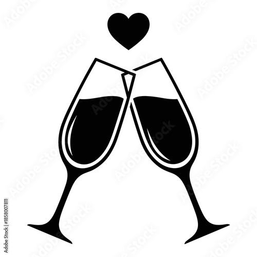 Black and white icon of two champagne flutes clinking with a heart above them