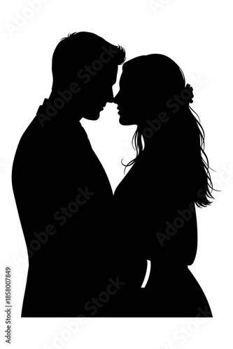 Silhouette of a romantic couple embracing closely with foreheads touching tenderly