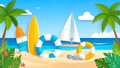 A vibrant, sunny beach scene with surfboards, life rings, a sailboat, palm trees, and the ocean under a blue sky with clouds