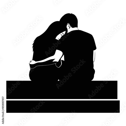 Silhouette of two people embracing closely while sitting on a low concrete barrier