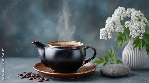 A Cozy Morning Ritual: Enjoying a Cup of Coffee with Aromatic Coffee Beans in a Vase