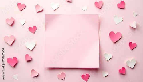 A blank pink sticky note framed by a charming array of pink and white paper hearts