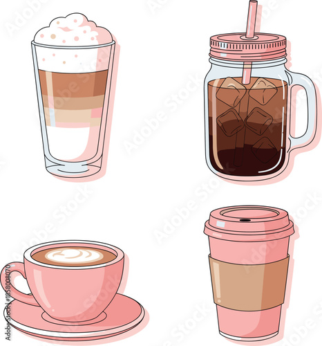 Set of four trendy coffee drinks vector illustration in pastel pink palette, featuring layered latte, iced coffee, heart art, and takeaway cup for stylish cafe design.