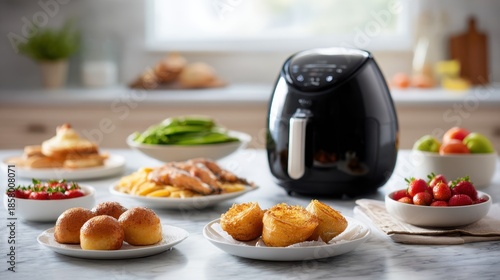 Air fryer with various delicious dishes including golden muffins, fresh vegetables, and crispy chicken, showcasing modern cooking techniques and healthy meal preparation