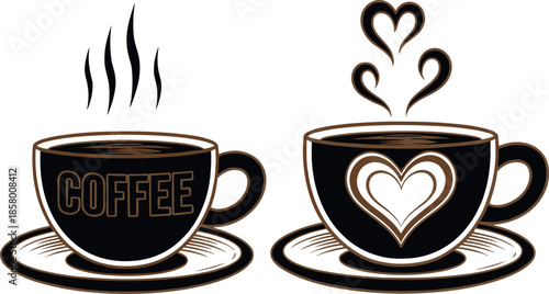 Set of two stylized coffee cups vector illustration, featuring "COFFEE" text and heart shapes for love, cafe culture, and romantic morning beverage concepts.