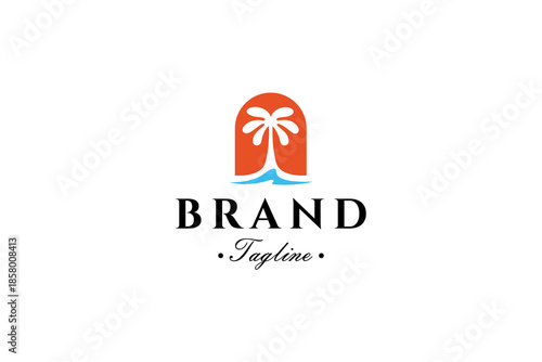 Summer beach wave palm tree logo in vector design template style