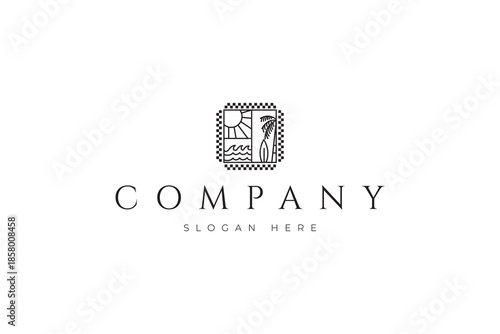 Summer beach logo with elements of the sun, waves, and tropical coconut palm trees in a frame with a line art design style.