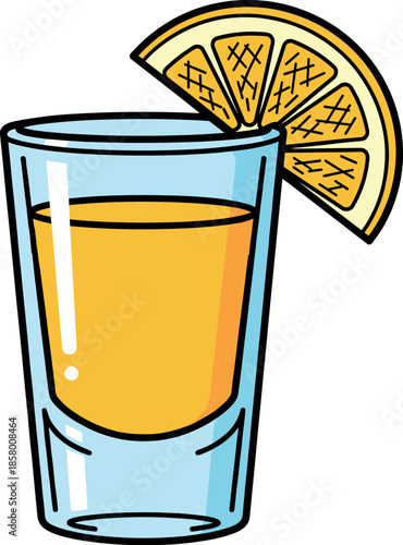 Stylized Cartoon Shot Glass Vector: Bright Yellow/Orange Liquor or Cocktail Garnished with a Citrus Slice, Ideal for Bar Menu, Tequila, or Party Graphics and Illustrations