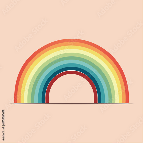 Colorful rainbow illustration with multiple bands of color on a beige background.