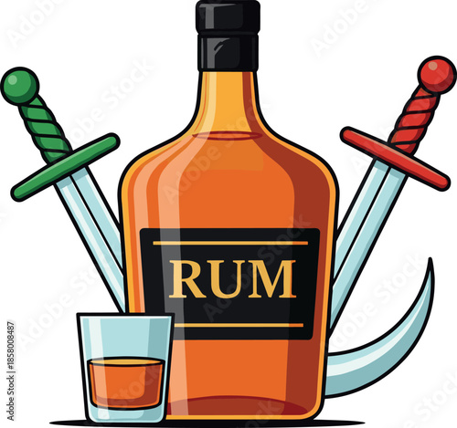 Swashbuckler Pirate Themed Rum Vector Illustration: Dark Spirit Bottle and Shot Glass Displayed Against Crossed Cutlass Swords and a Scimitar, Perfect for Nautical and Adventure Designs