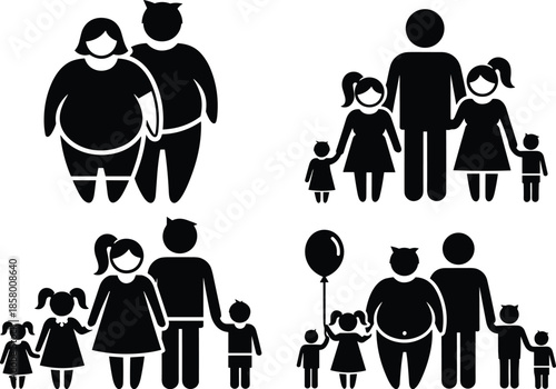 Family icon collection showing diverse parents with children and toddlers in flat silhouette style for lifestyle concepts and social community symbol design