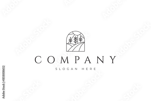 Wheat farming logo with sunlight in line art design style
