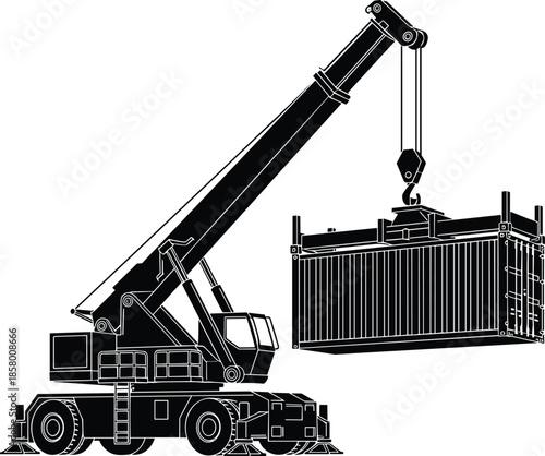 Mobile telescopic crane lifting cargo container, industrial heavy machinery for shipping and logistics, black silhouette isolated on white background flat vector illustration