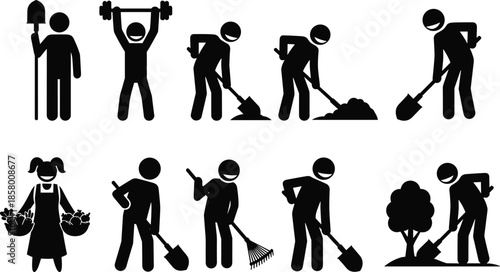 Stick figure people gardening farming planting trees and lifting weights icons set collection for outdoor work activity flat vector illustration cad drawing