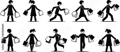 Stick figure people carrying shopping bags walking and running set collection for retail commerce sale and consumerism lifestyle cad drawing flat vector illustration