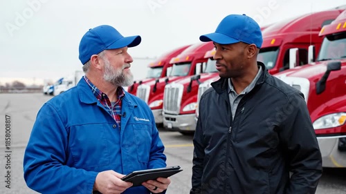 Two male workers discuss digital tablet near red truck fleet outdoors