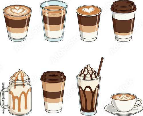 Vector illustration set of layered hot and cold coffee beverages, including latte macchiato, frappe, and caramel dessert coffee for cafe menu and drink variety.