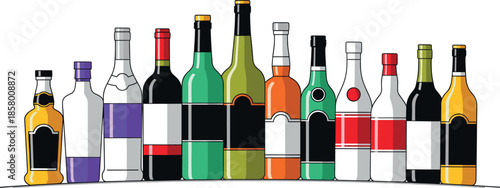 Vector illustration set of diverse colored alcohol bottles, including wine, whiskey, vodka, and spirits, with blank labels, lined up for bar menu design, retail, or product display concepts.