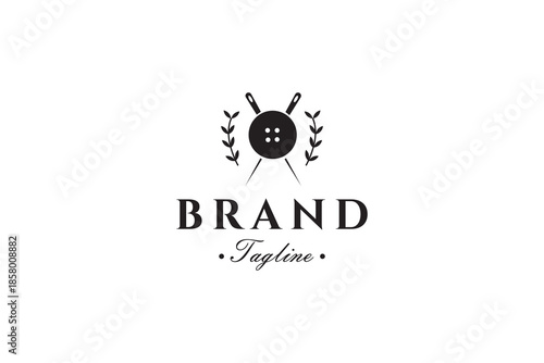 Tailor logo with sewing needle and button icons decorated with plants in vector design template style
