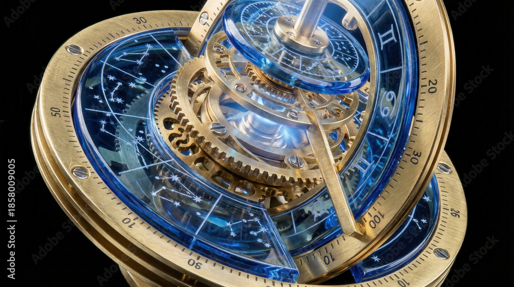 Fototapeta premium Brass armillary with blue celestial mechanism showing rotating gears and rings