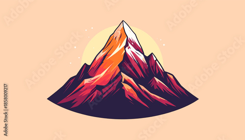 Illustration of a mountain peak with a gradient of colors and a sun behind it, set against a light orange background.