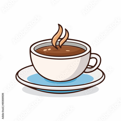 Illustration of a steaming cup of coffee on a saucer, with a simple and clean design.